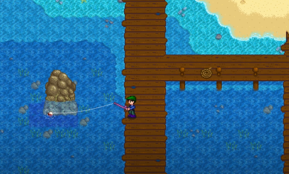 Stardew Valley'de bir Ahtapotun kancaya takılmasını bekleyen oyuncu